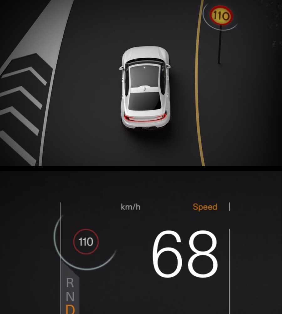 Polestar 2’s driver display showing the posted speed limit next to the car’s current speed.