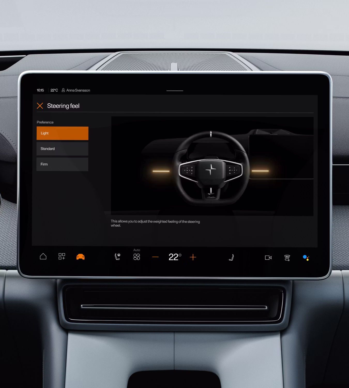 Polestar 4’s centre display showing the adjustable steering feedback options on the screen.