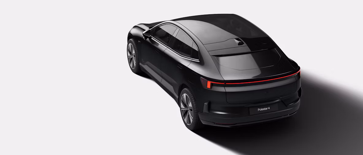 Polestar 4 in space color viewed from above, highlighting the rear against a gray studio background