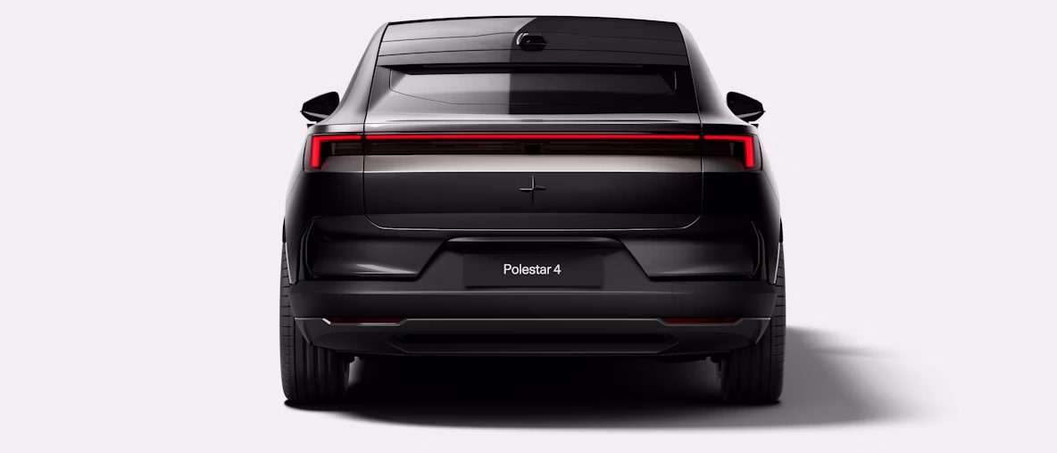 Rear of Polestar 4 in space color, displaying license plate labeled 'Polestar 4
