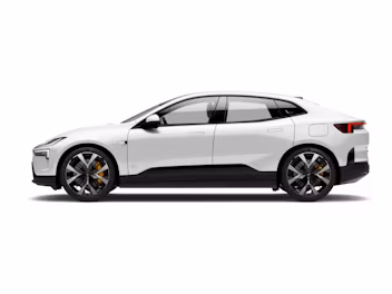 Side view of a white Polestar car with black accents and alloy wheels.