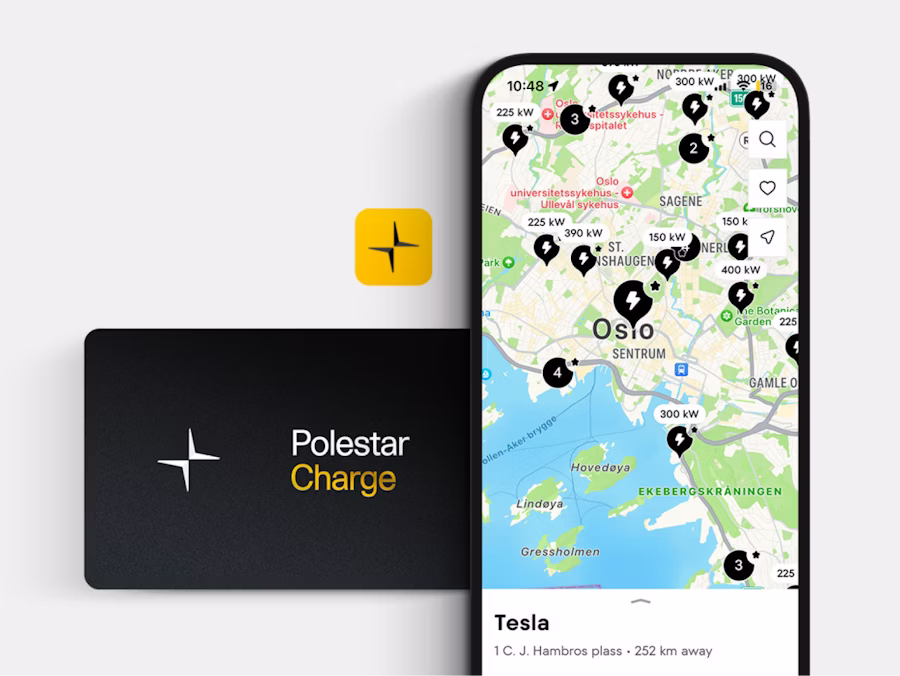 Polestar Charge card and mobile app view of charge points in Oslo