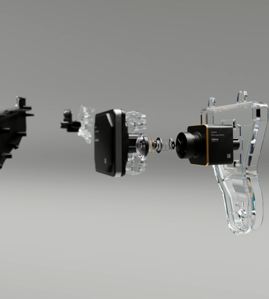 Polestar 3’s SmartZone shown in an exploded view and with its heating under the surface.
