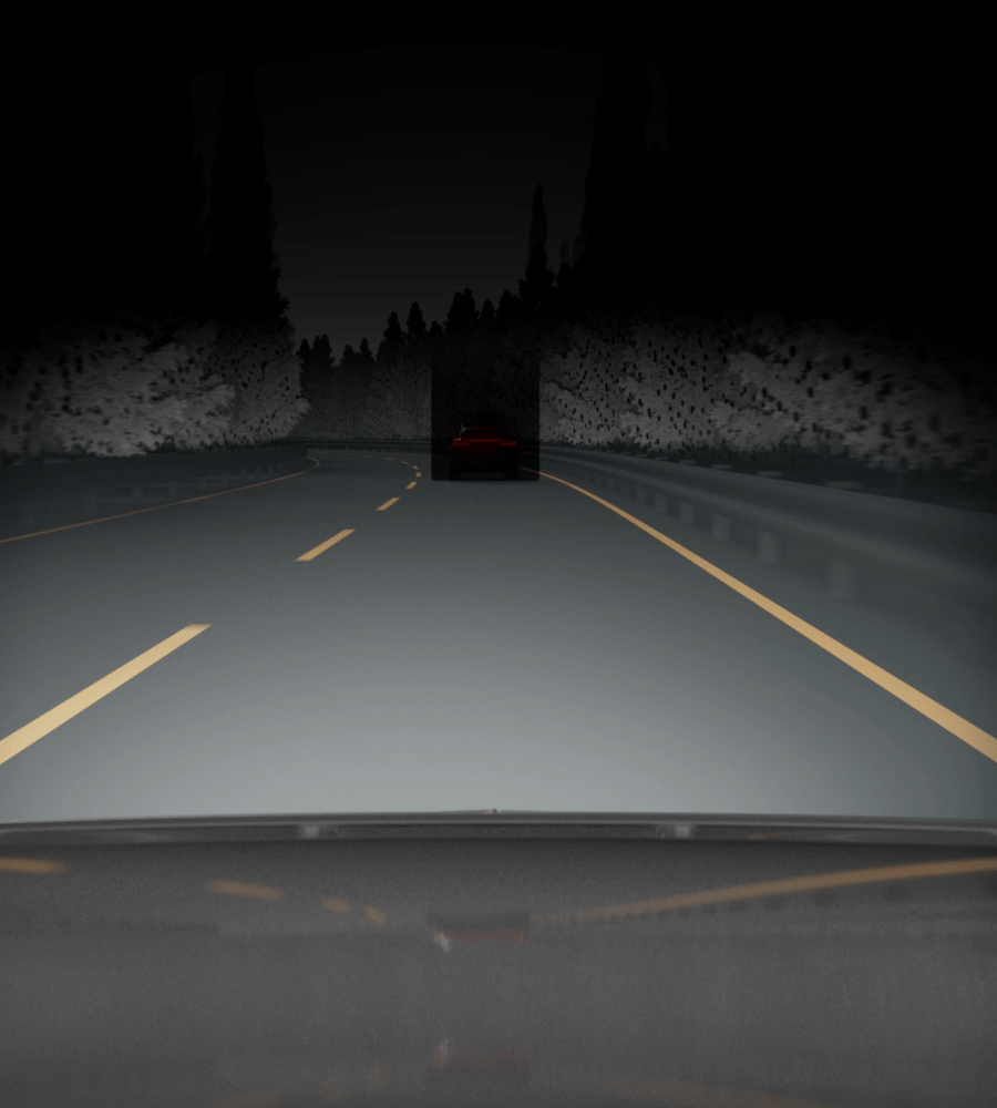 Polestar 3 on the motorway with headlights automatically dimming to individually detected cars.