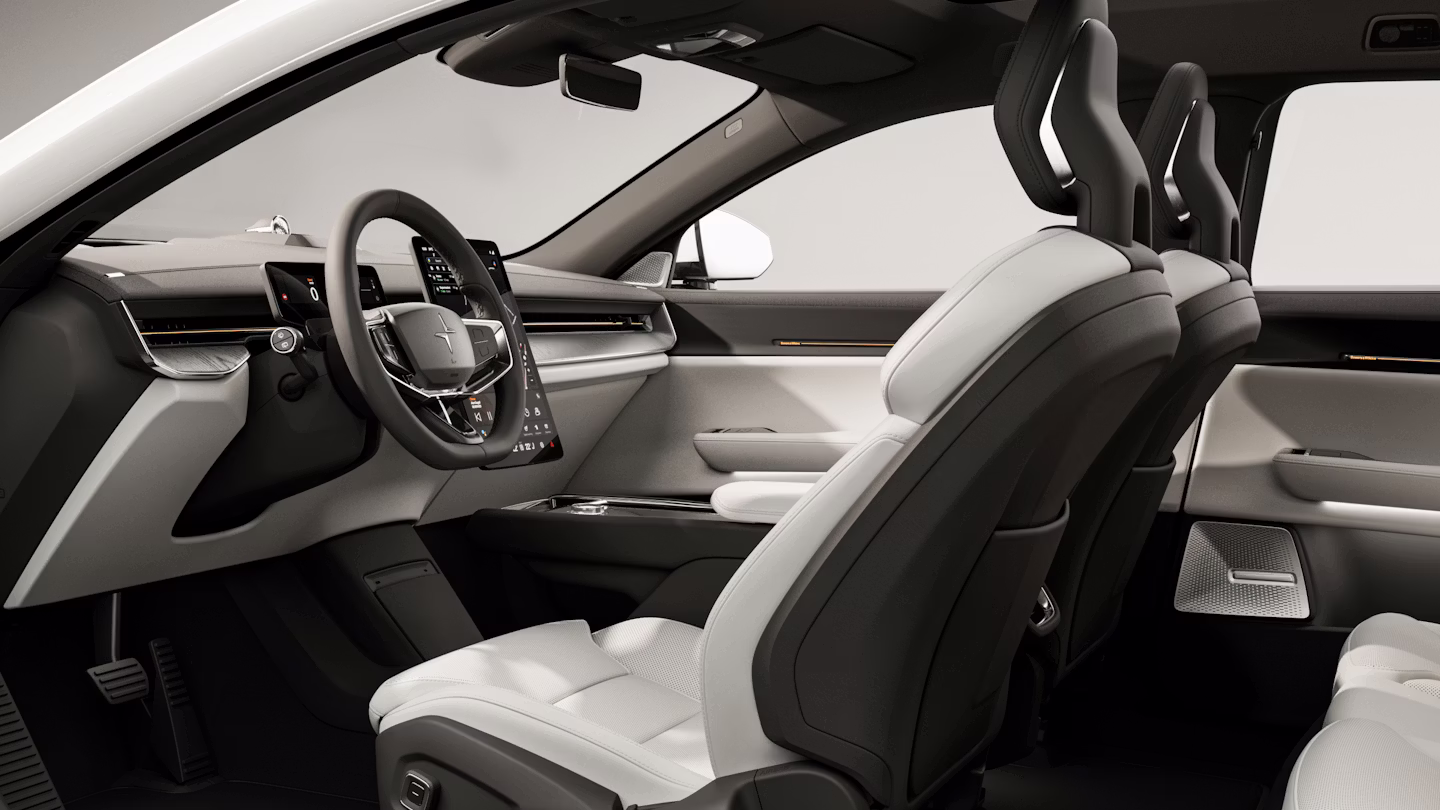 Polestar 3’s interior showing the driver’s seat, steering wheel, centre display, and dashboard.