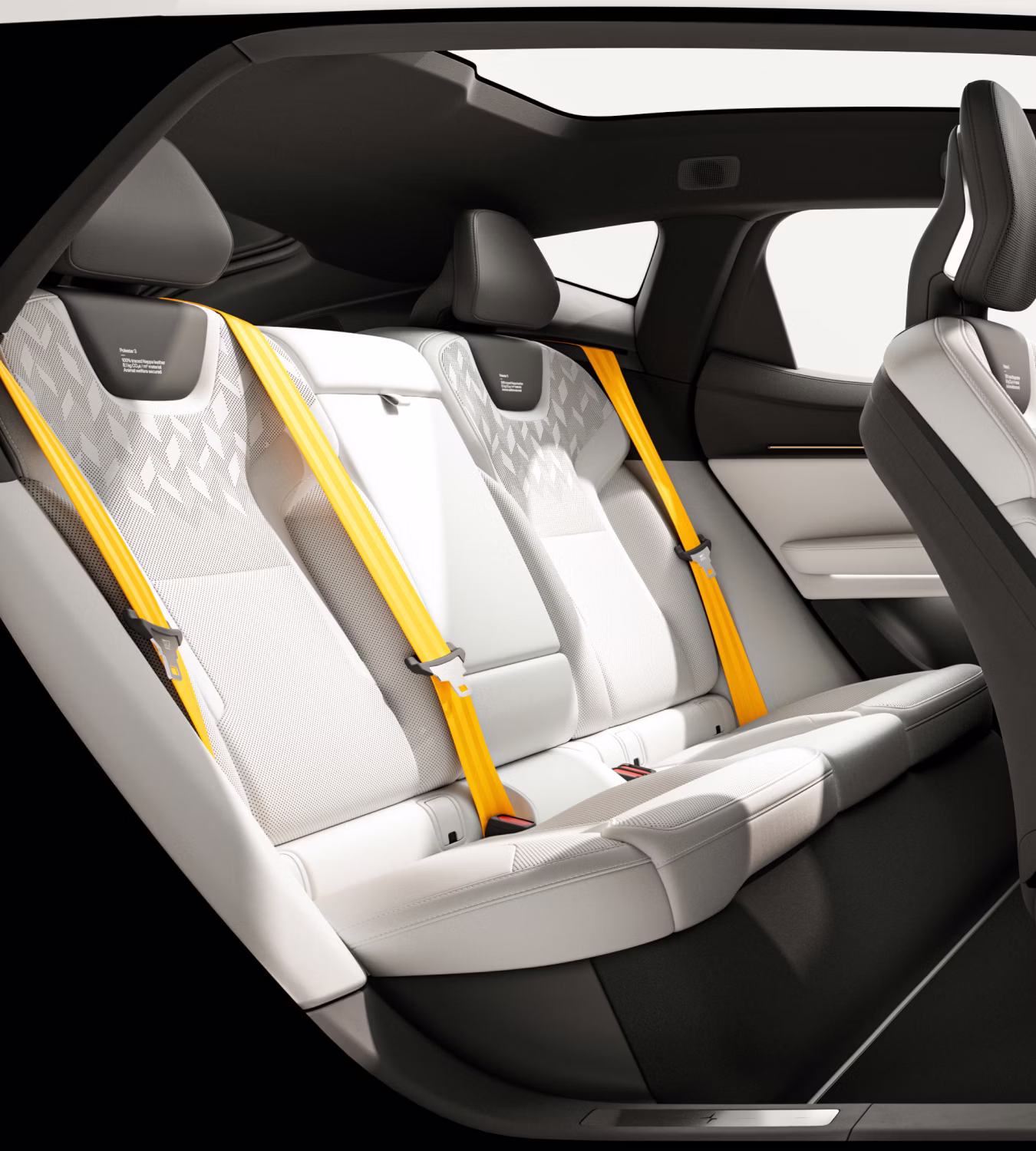 Interior view of Polestar 3’s interior with layered sunlight and shadows on the rear seats.