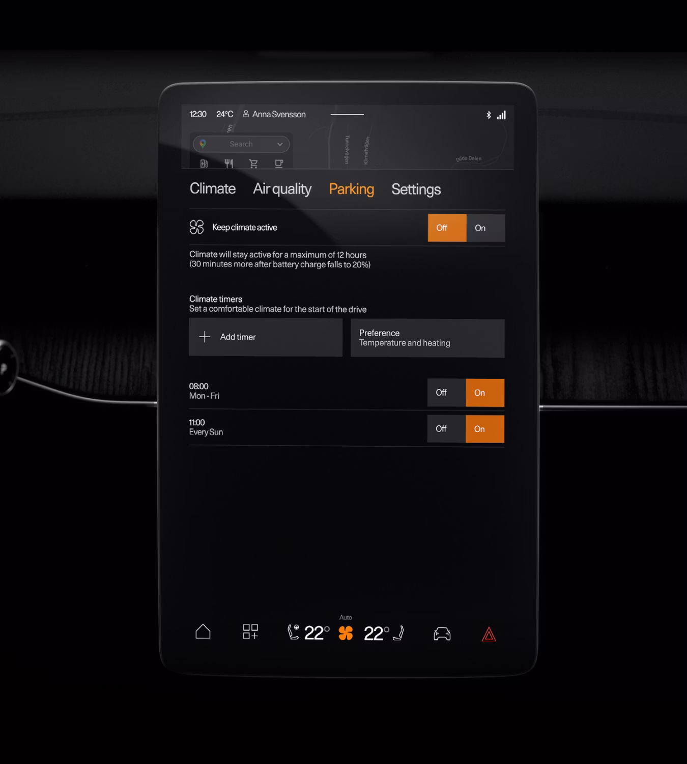 Polestar 3’s centre display with the Parking screen and its selectable climate ventilation controls.