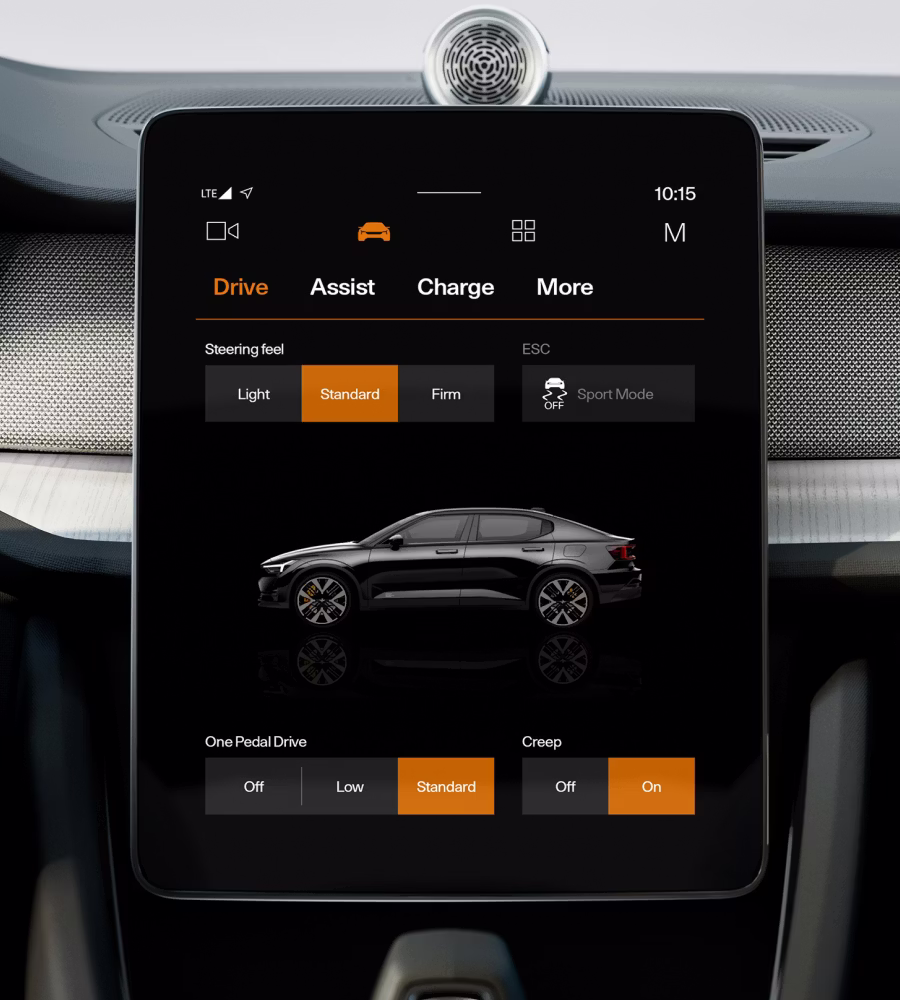 Polestar 2’s centre display in the ‘Drive’ screen with the One Pedal Drive settings.