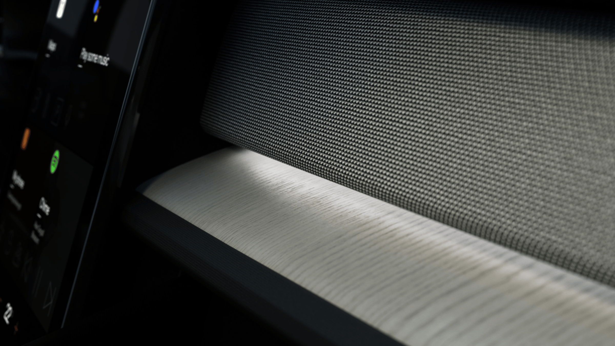 White interior lighting illuminating Polestar 2’s dashboard and centre console areas.