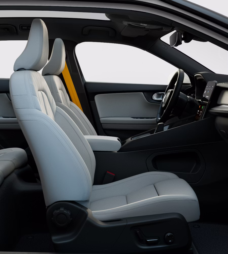 A portrait view of Polestar 2’s driver seat with the Bridge of Weir leather upholstery.