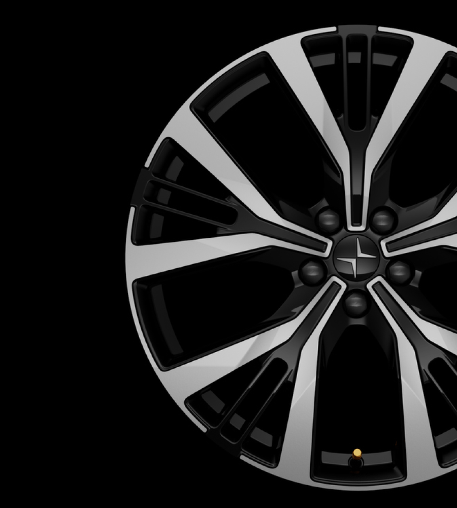 Polestar 2’s 20-inch Performance wheel with Swedish gold valve caps.
