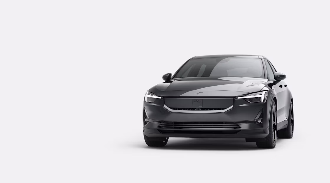 A frontal view of Polestar 2 in Space colour against a white background.