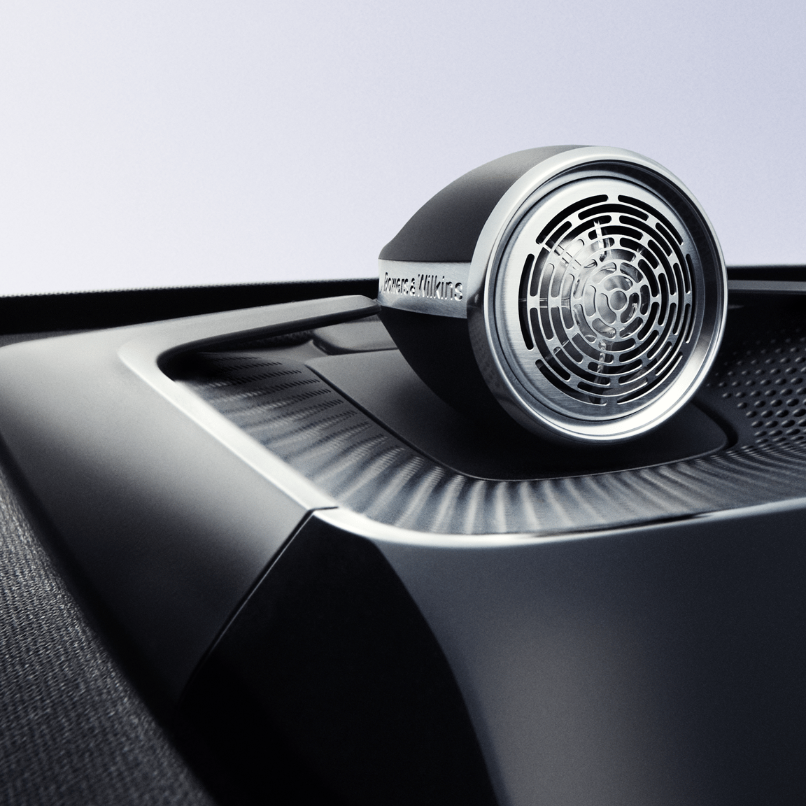 A close up of the Bowers & Wilkins tweeter-on-top sitting on Polestar 3’s dashboard