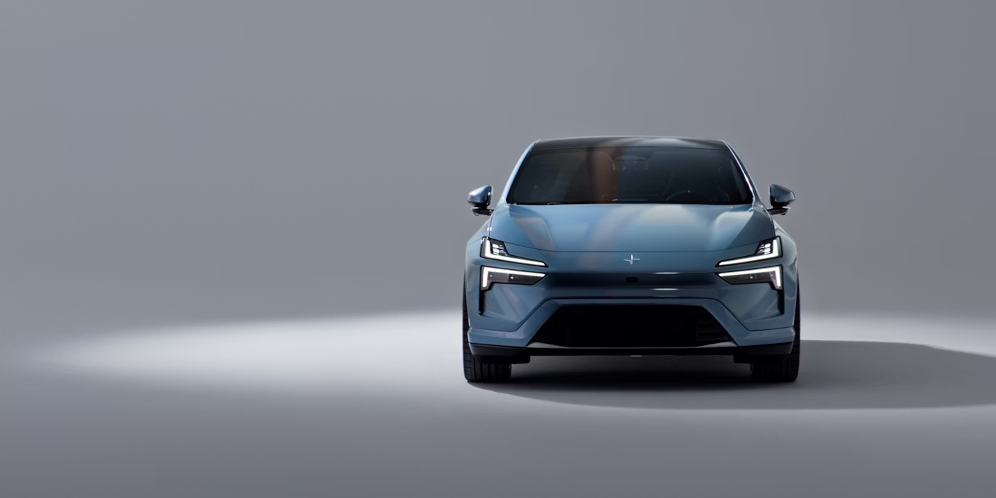 Polestar 4 in light blue colour with a glossy coating.