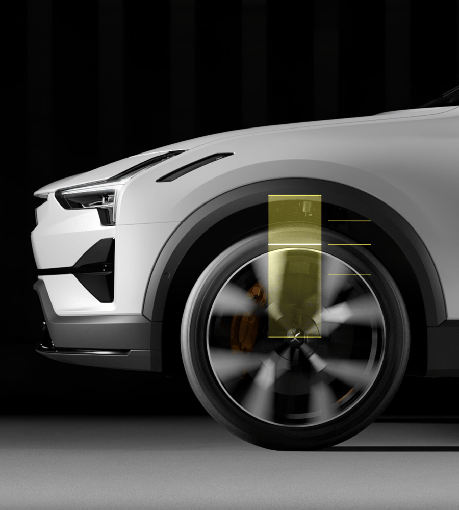 Polestar 3’s front wheels in motion showing how the active air suspension moves dynamically.