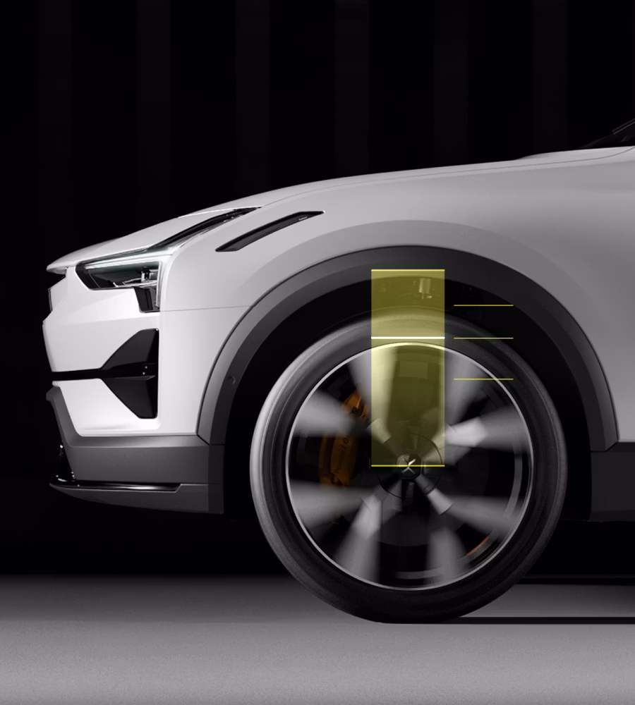 Polestar 3’s front wheels in motion showing how the active air suspension moves dynamically.