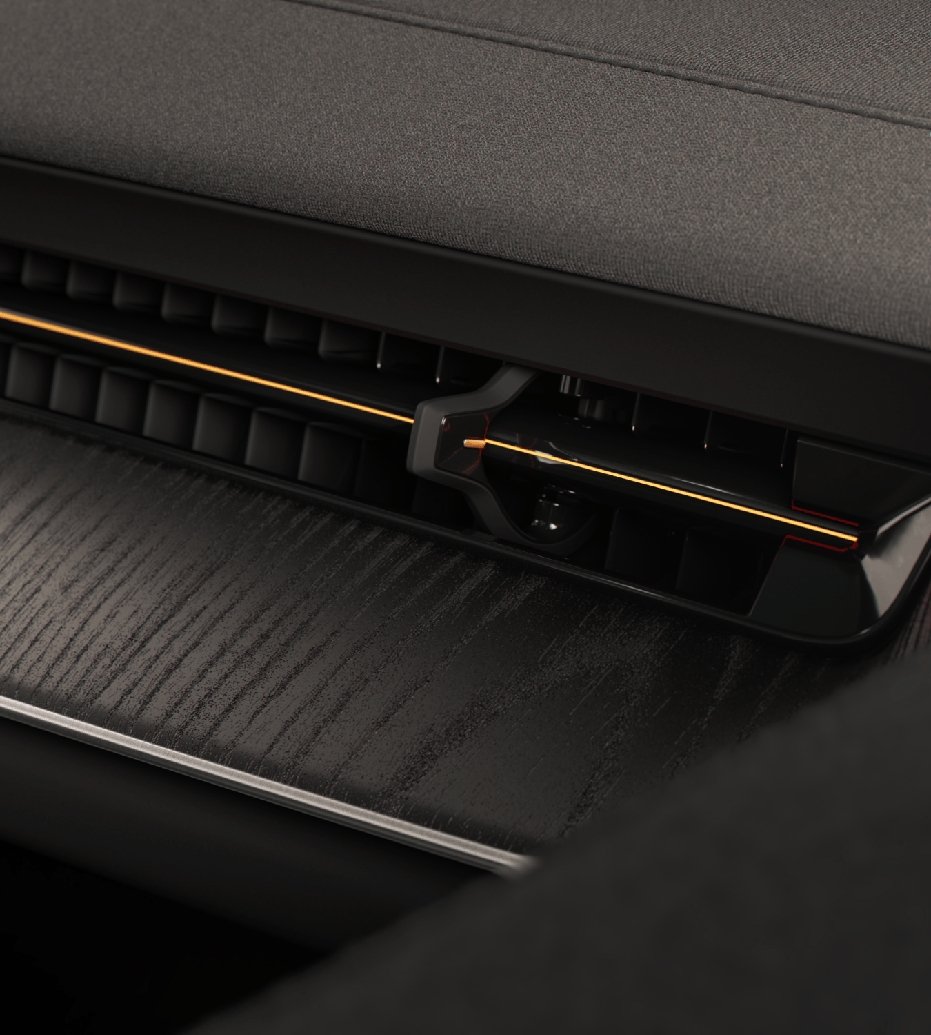 Close-up of Polestar 3’s Black Ash wood deco with a golden line across the ventilation.