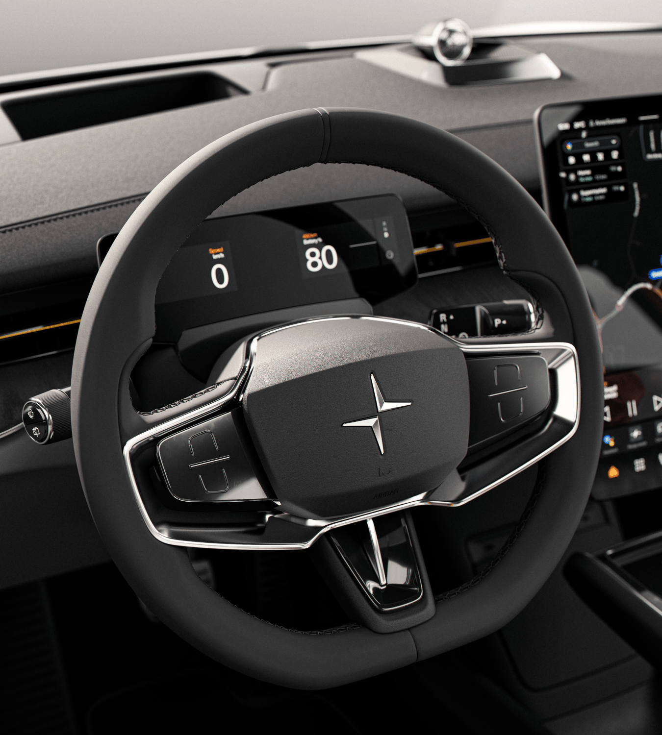 Polestar 3’s steering wheel with silver accents and Polestar logo in front of the driver display.