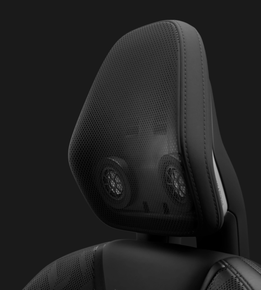 Polestar 3’s front seat headrest speakers displayed with a see-through view under the upholstery.