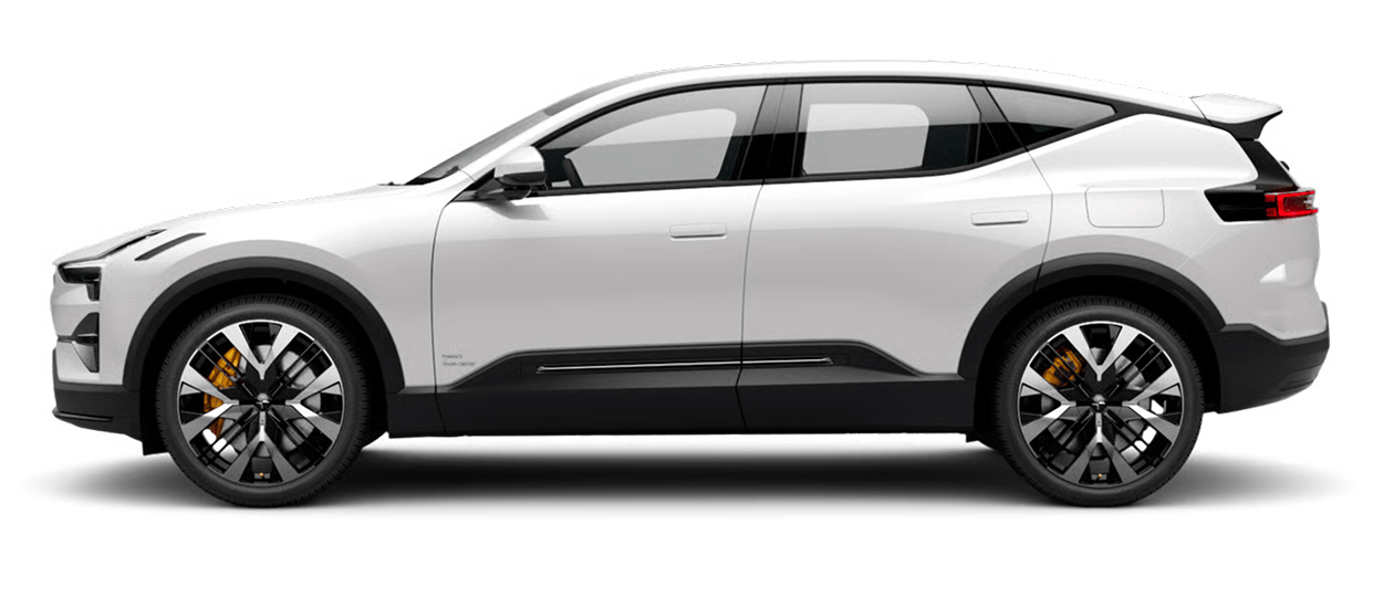 Side angled view of Polestar 3 in Snow colour standing in a white background.