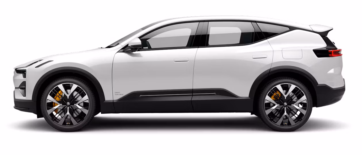 Side angled view of Polestar 3 in Snow colour standing in a white background.
