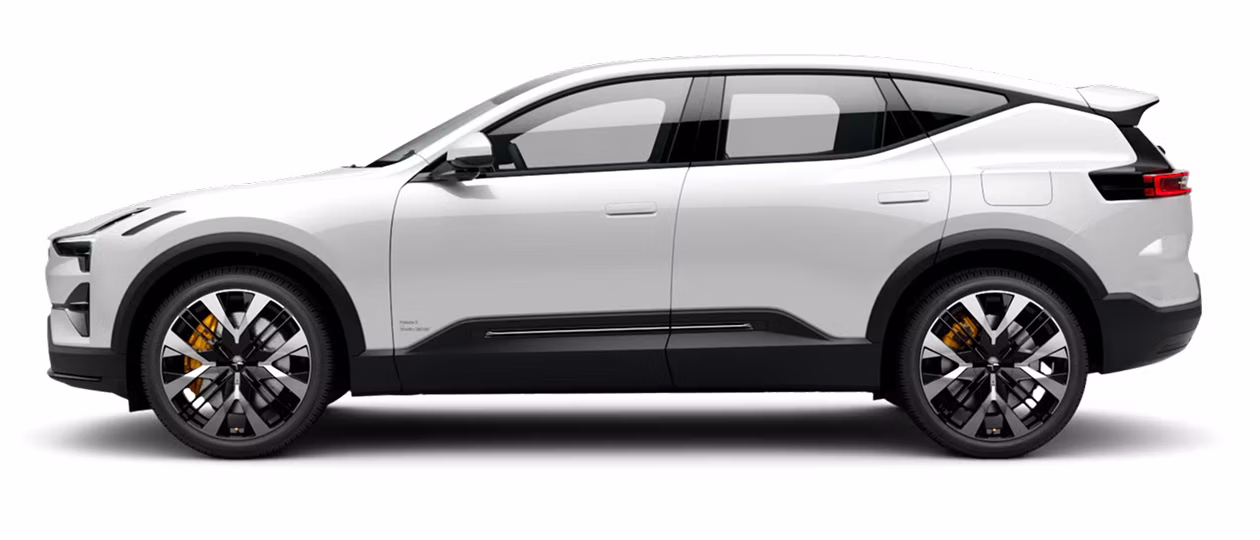 Side angled view of Polestar 3 in Snow colour standing in a white background.