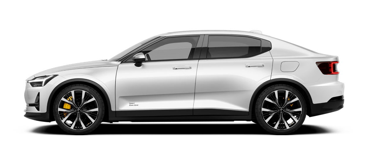 Side angled view of Polestar 2 in Snow colour standing in a white background.