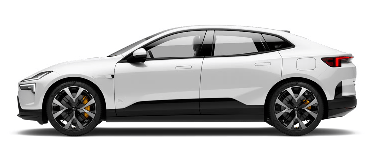 Side angled view of Polestar 4 in Snow colour standing in a white background.