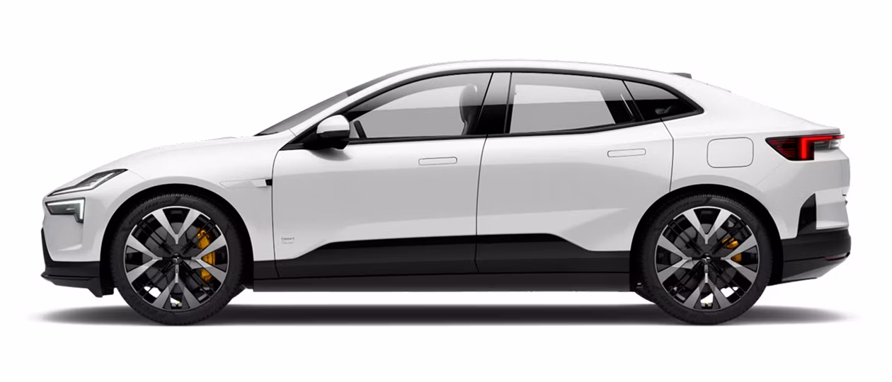 Side angled view of Polestar 4 in Snow colour standing in a white background.