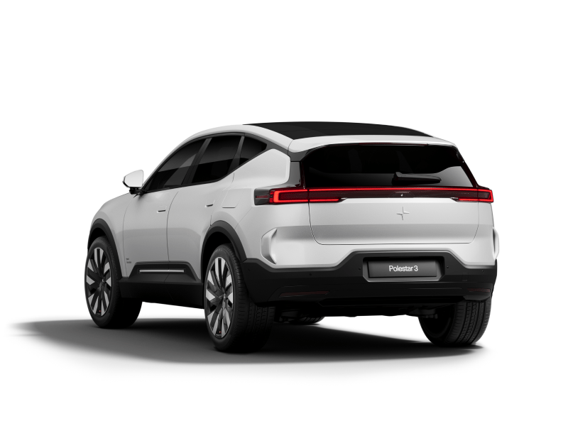 Rear angled view of Polestar 3 in white colour standing in a white background.