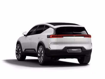 Rear angled view of Polestar 3 in white colour standing in a white background.