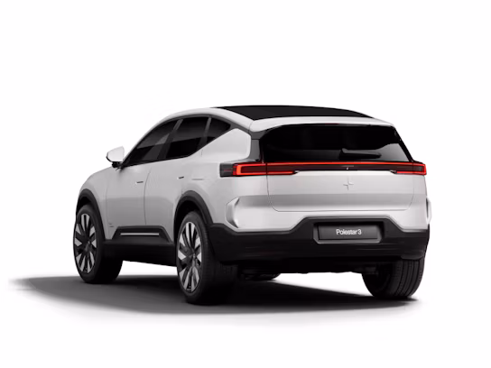 Rear angled view of Polestar 3 in white colour standing in a white background.