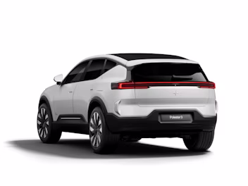 Rear angled view of Polestar 3 in white colour standing in a white background.
