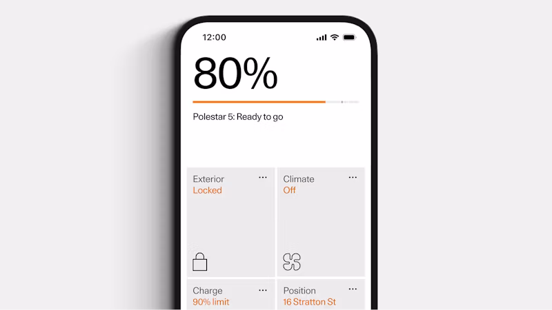 Mobile screen showing Polestar 5 status with 80% charge, exterior locked and climate off.