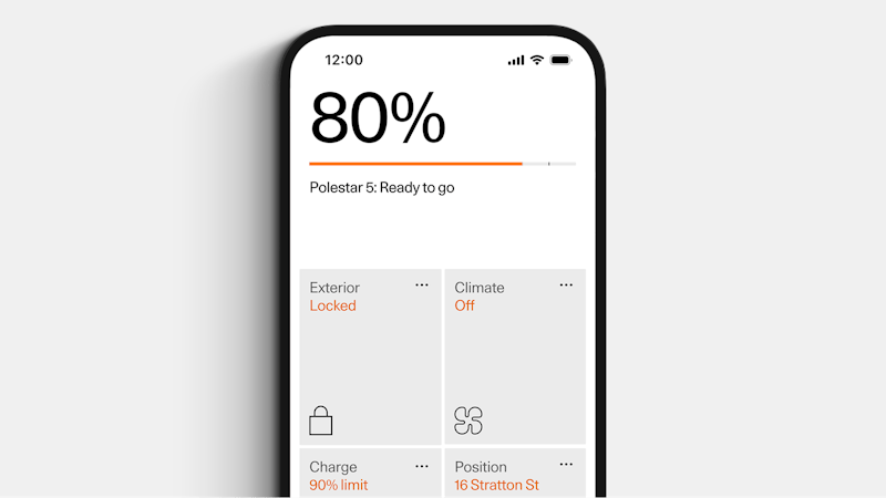 Mobile screen showing Polestar 5 status with 80% charge, exterior locked and climate off.