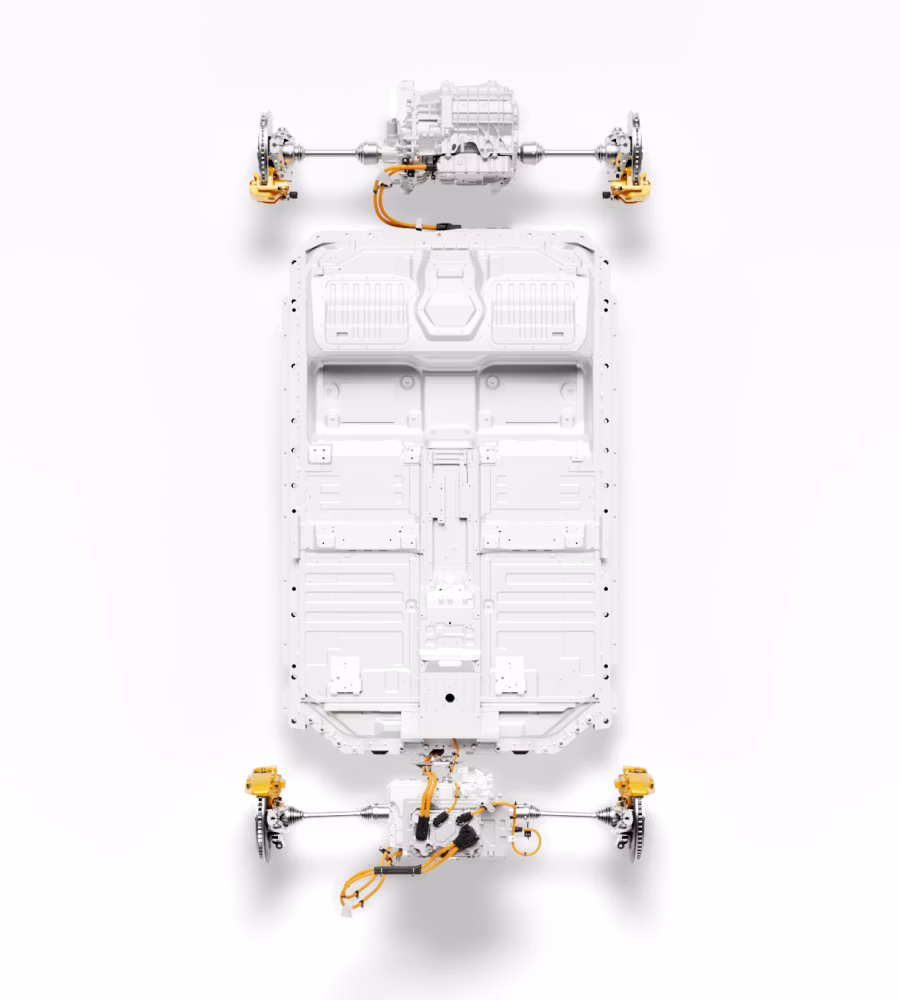 Bird’s eye view of Polestar 5’s powertrain against a white background.