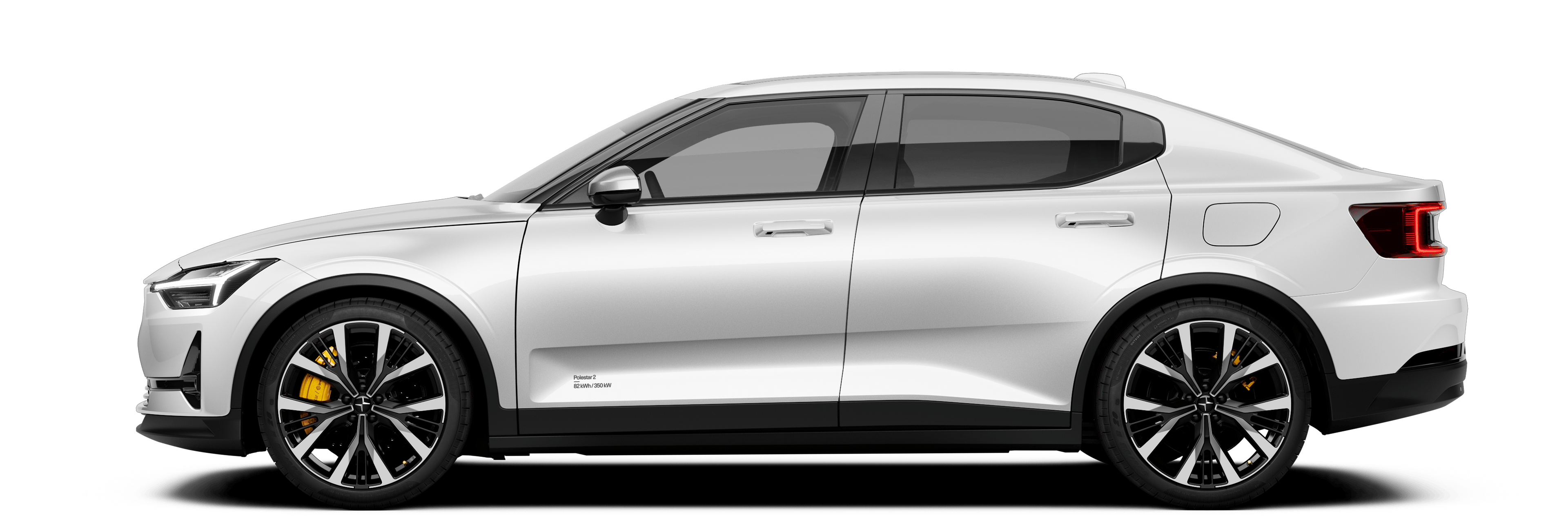 Side view of Polestar 2 electric car in white color with black wheels and yellow brake calipers.