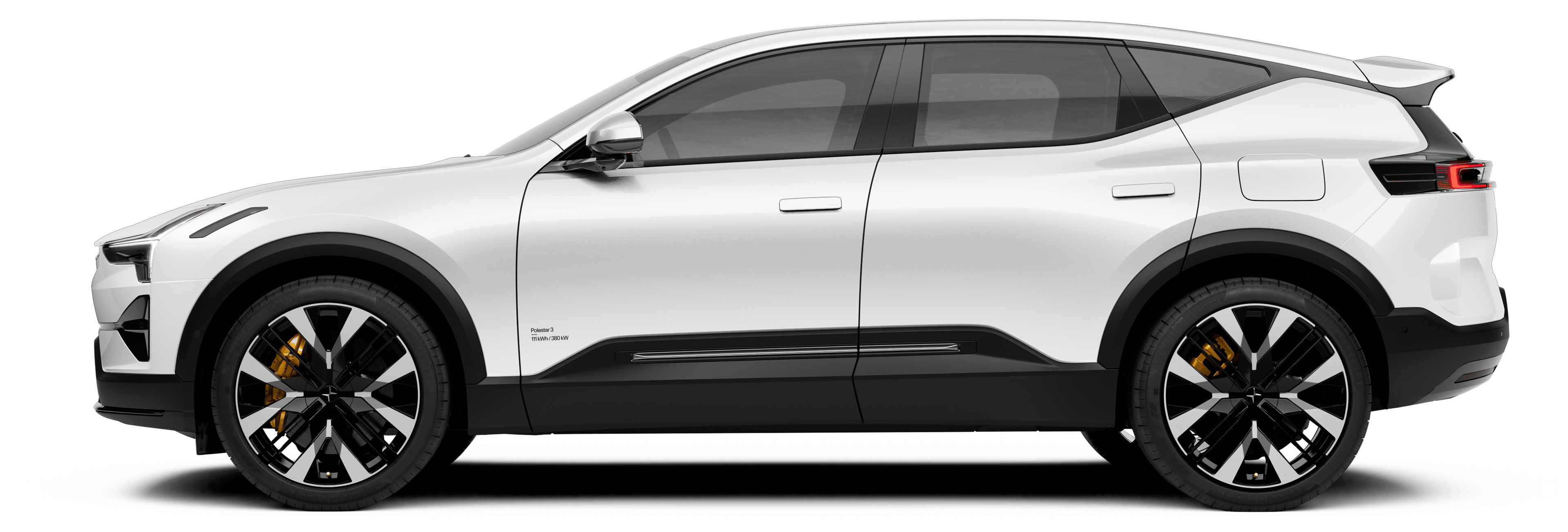 Side view of Polestar 3 electric SUV with white exterior and black accents, featuring large alloy wheels and sleek design.
