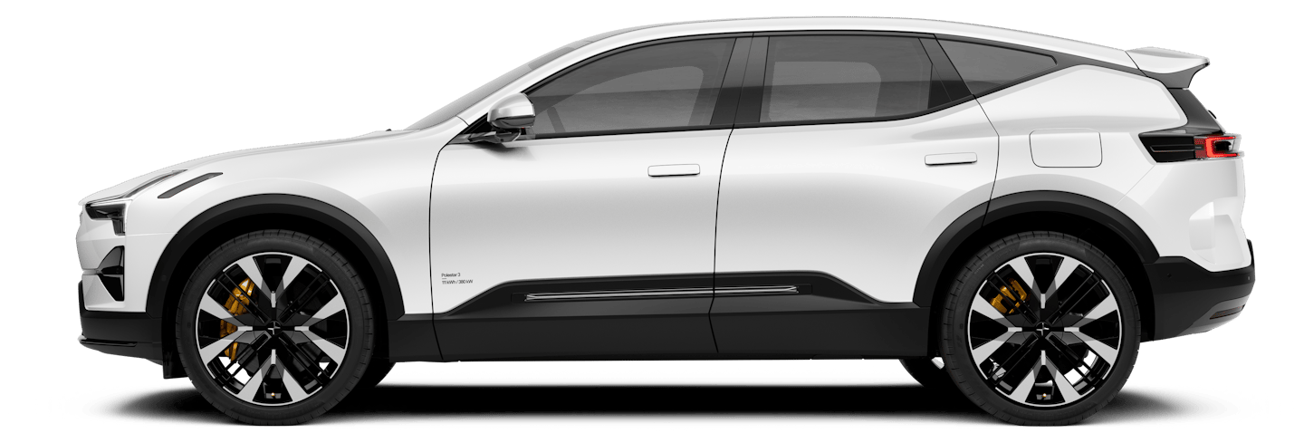 Side view of Polestar 3 electric SUV with white exterior and black accents, featuring large alloy wheels and sleek design.