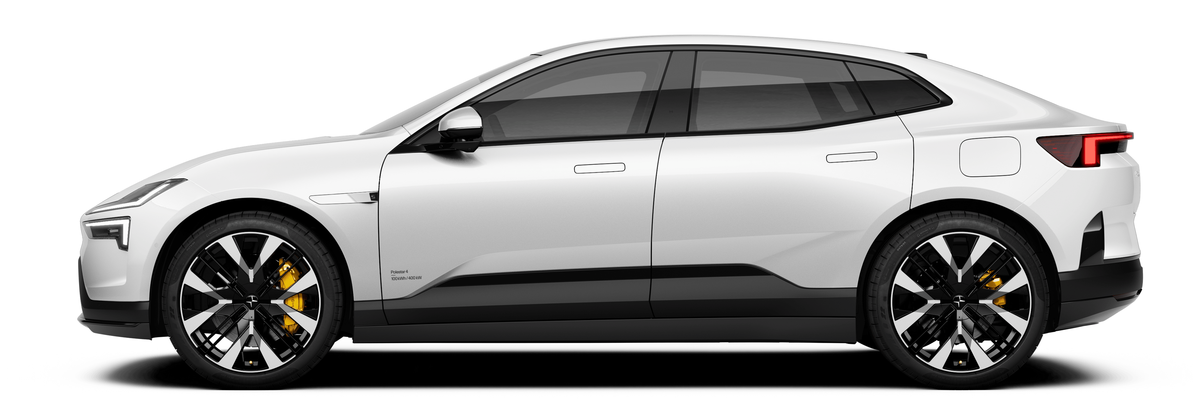 Polestar 4 electric car side view with white body, black trim, and yellow brake calipers.