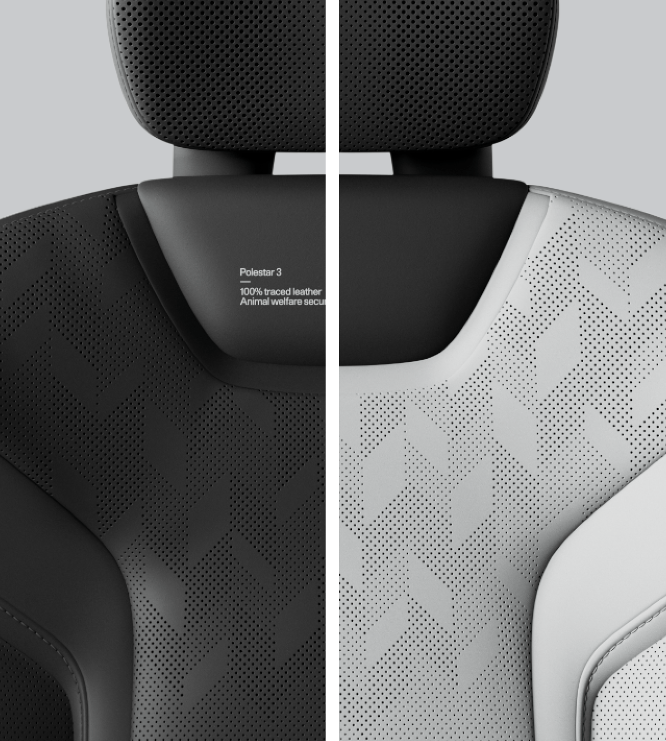 Close-up of Polestar 3’s seat with perforated Nappa leather  in Zinc with textured patterns.