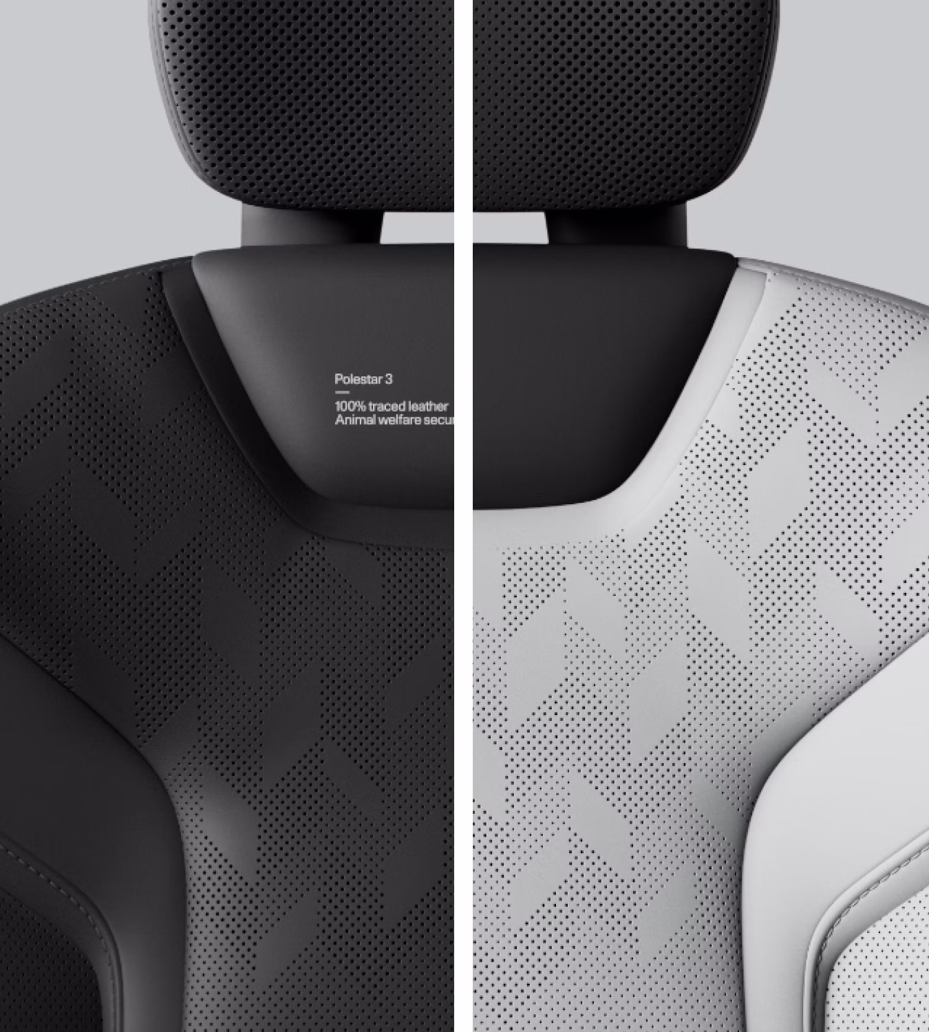 Close-up of Polestar 3’s seat with perforated Nappa leather in Zinc with textured patterns.