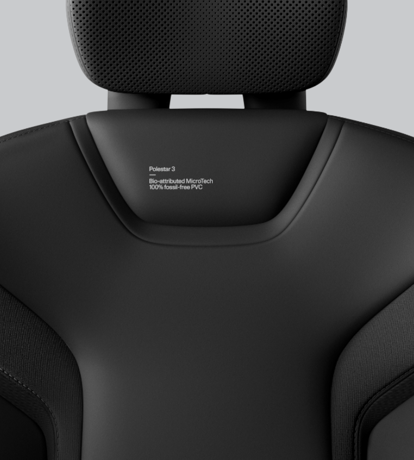 Close-up of Polestar 3’’s seat with Charcoal bio-attributed MicroTech.