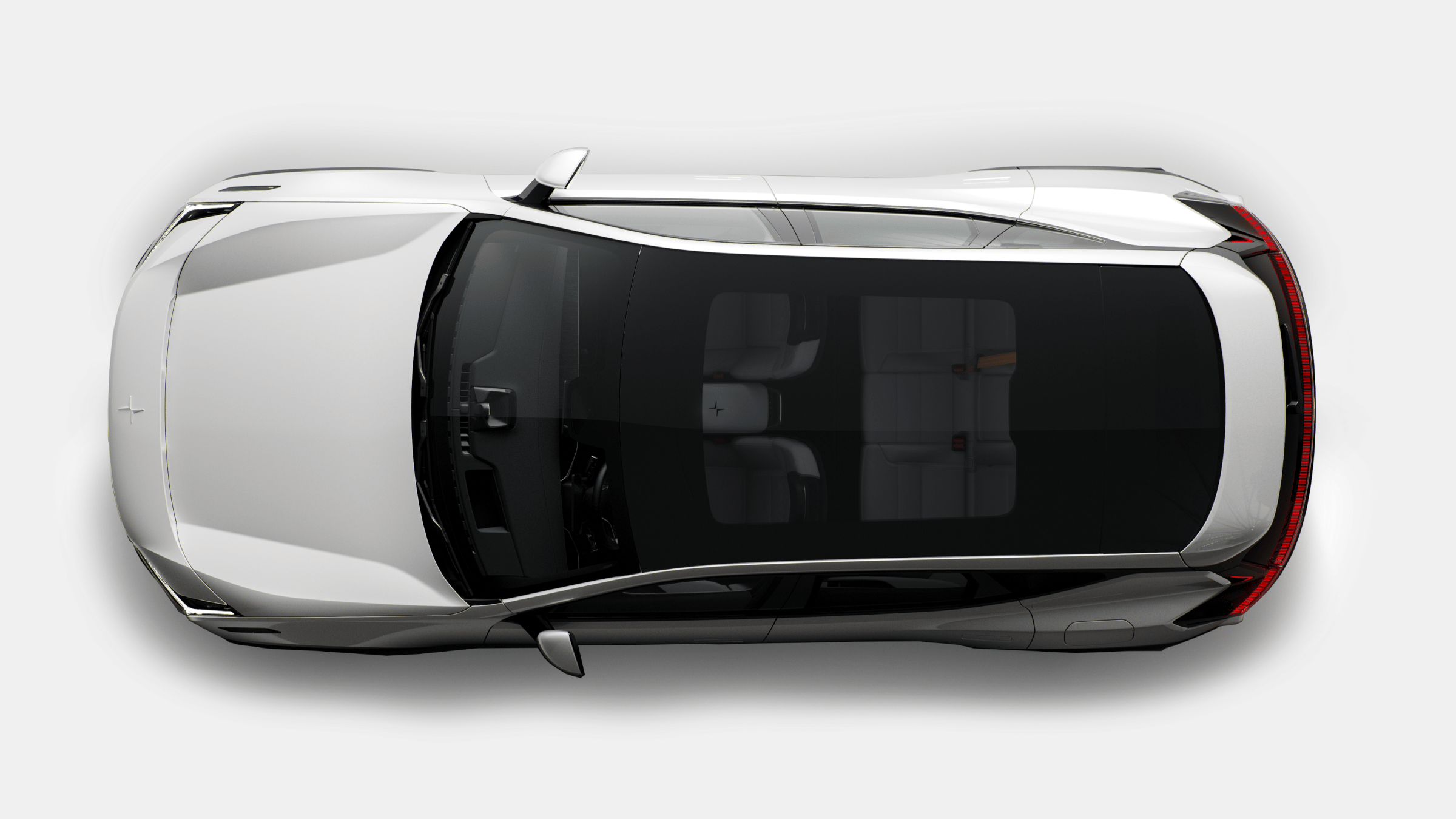 A bird’s eye view of Polestar 3 in Snow colour with its panoramic roof.