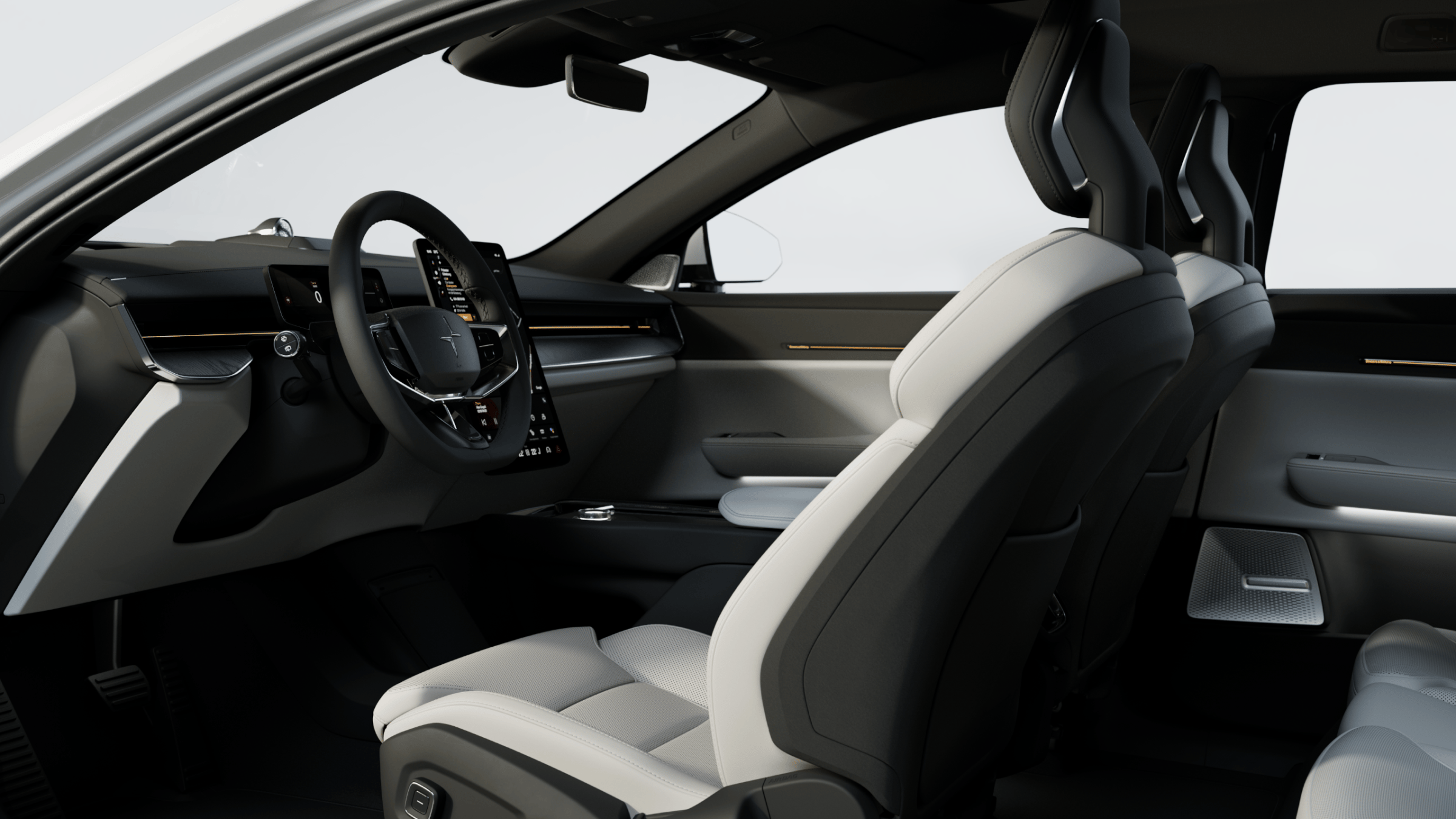 Polestar 3’s interior showing the driver’s seat, steering wheel, centre display, and dashboard.