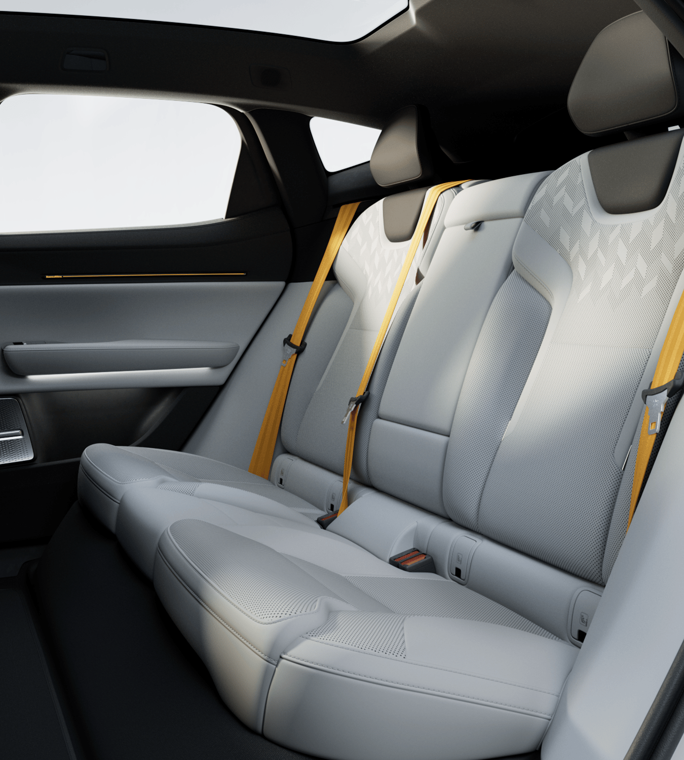 Interior view of Polestar 3’s interior with layered sunlight and shadows on the rear seats.