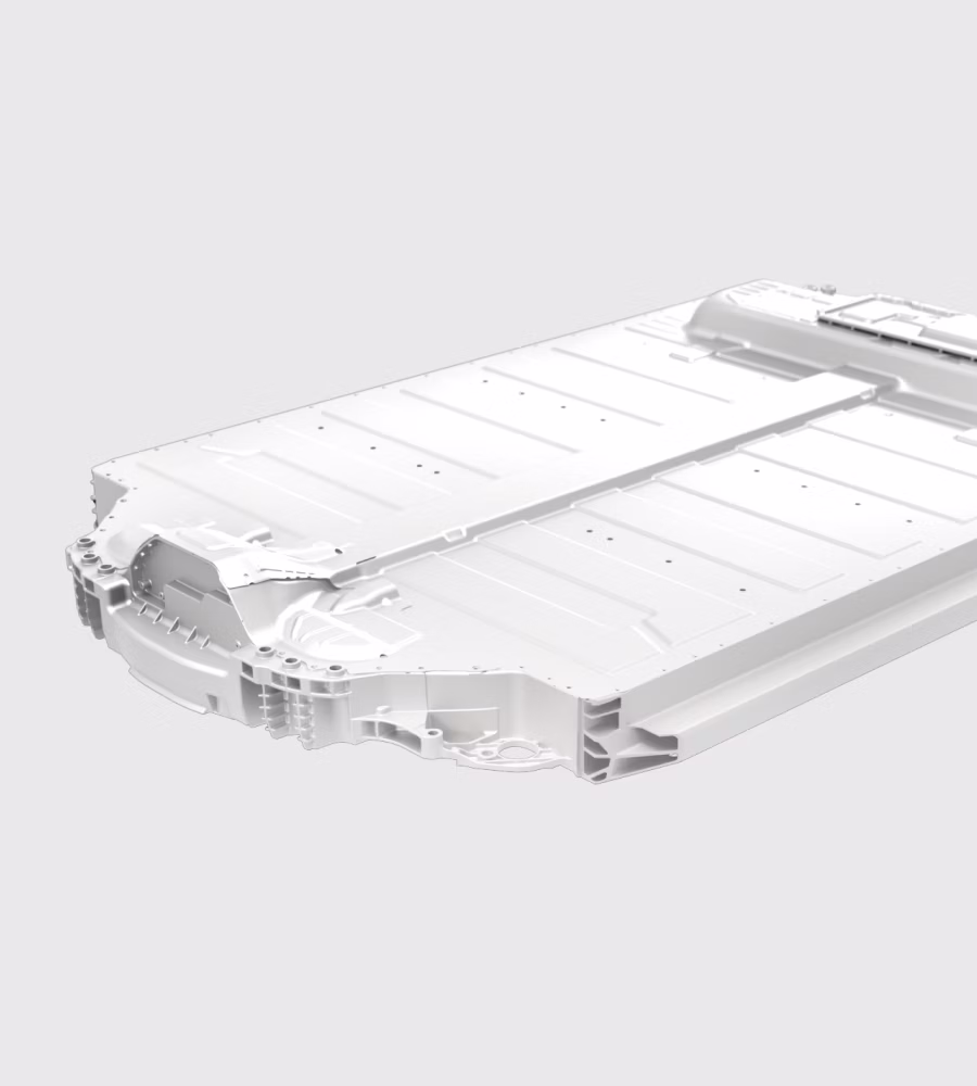 White car battery architecture floating against a studio white background.