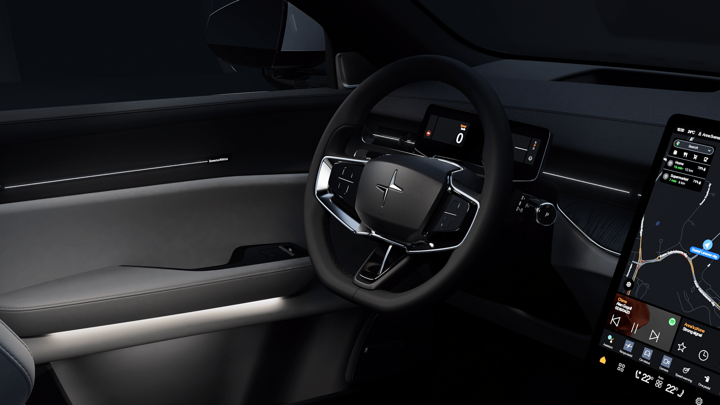 Polestar 3’s interior in a dark background lit up with its white, ambient interior lighting