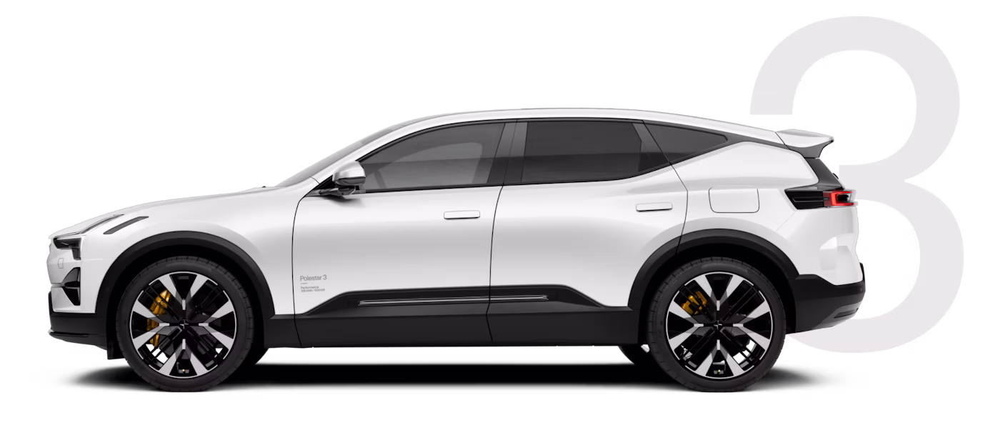 Side view of Polestar 3 electric car with large number 3 in the background.