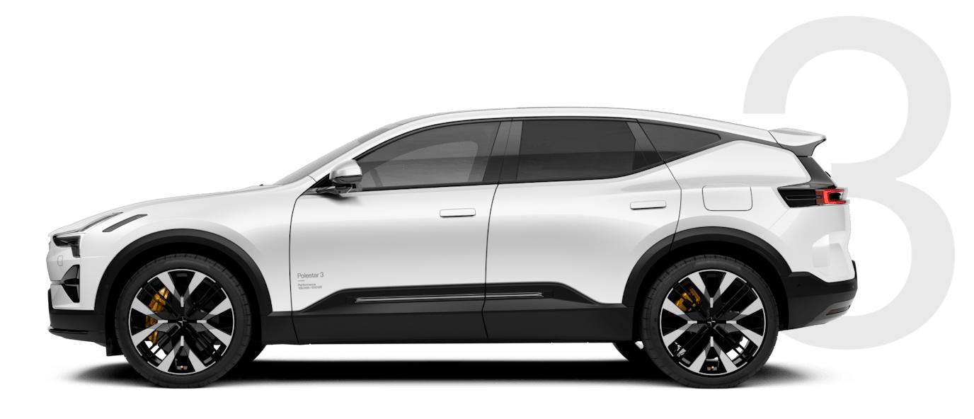 Side view of Polestar 3 electric car with large number 3 in the background.